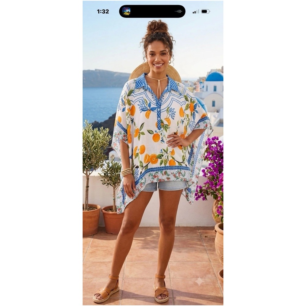 John Mark 2x 3x Kimono Kaftan Boxy Citrus Fruit Floral Resortwear Cruise #HHH3-1